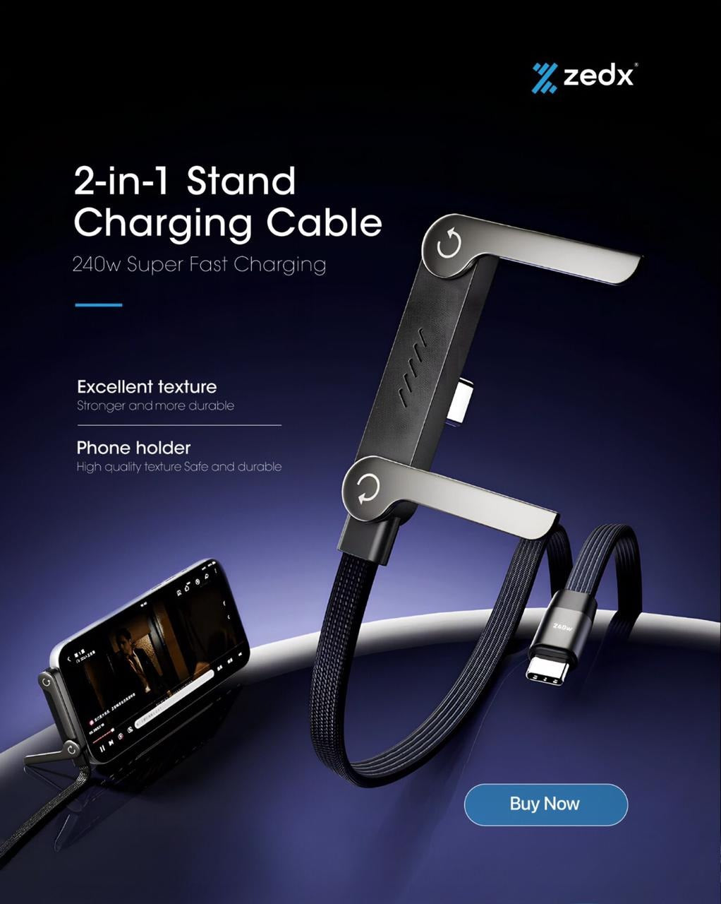 2-in-1 Stand Charging Cable | 240W Fast Charge Type-C Cable