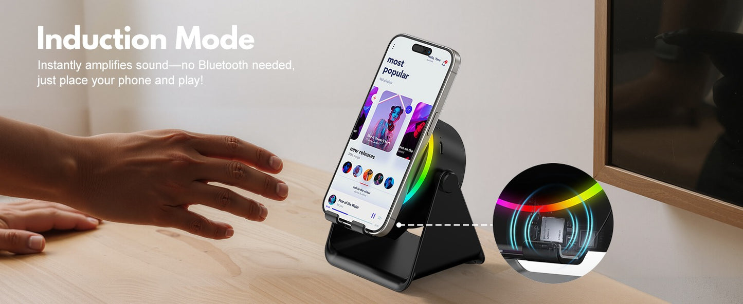 4-in-1 Wireless Induction Speaker with RGB Lights & Phone Stand | 360° Rotating Design