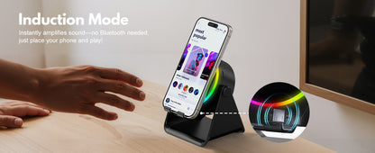 4-in-1 Wireless Induction Speaker with RGB Lights & Phone Stand | 360° Rotating Design